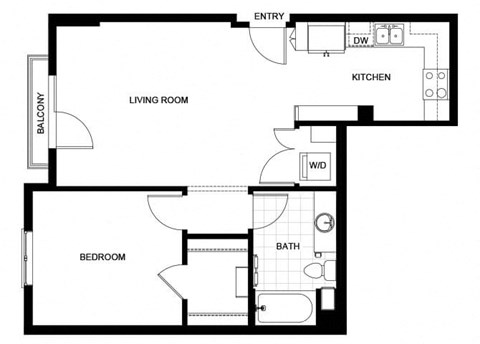 Floor plan for 1 bed, 1 bath, 733 sqft